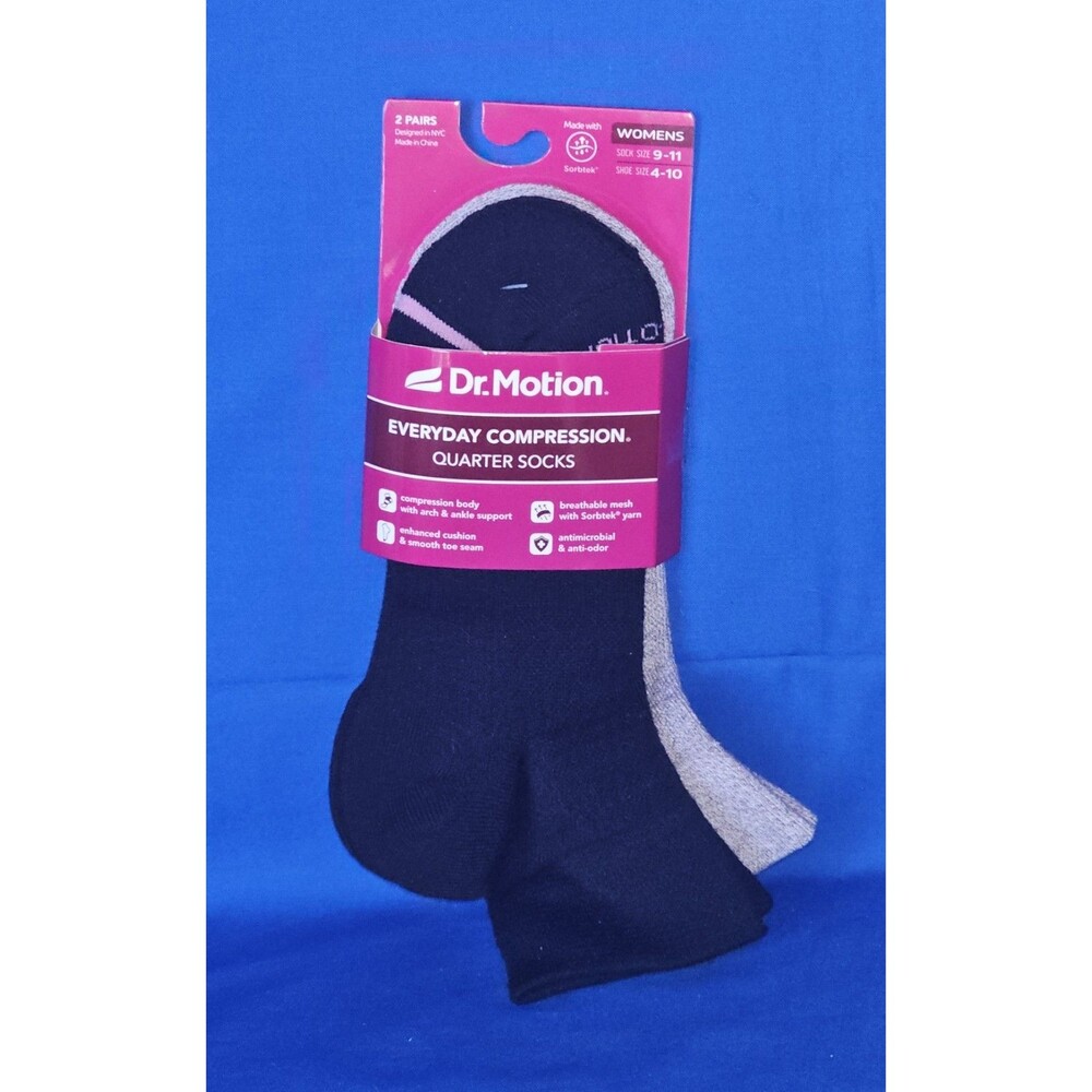NWT Dr. Motion Everyday Compression Quarter Socks 2 Pr Womens Sz 9-11 Black/Gray